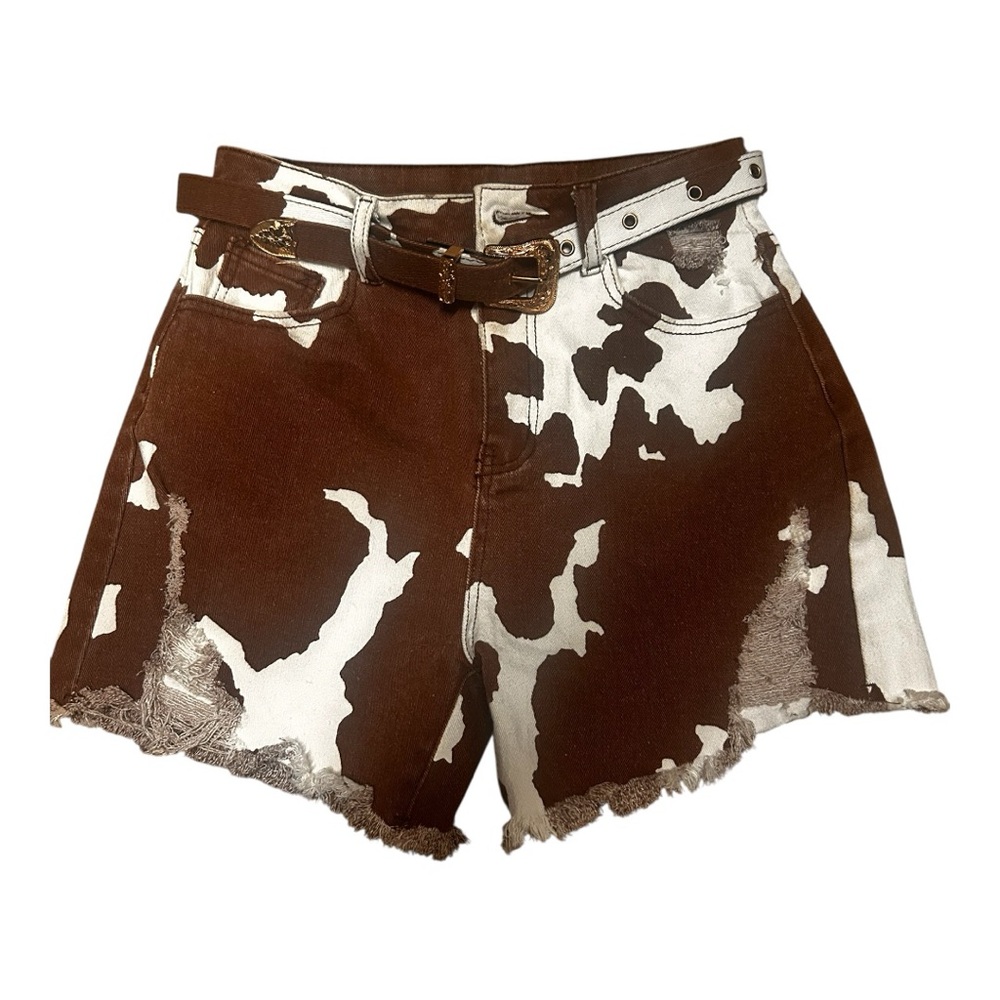 Blue B High-Waist Brown & White Cow-Print Denim Shorts